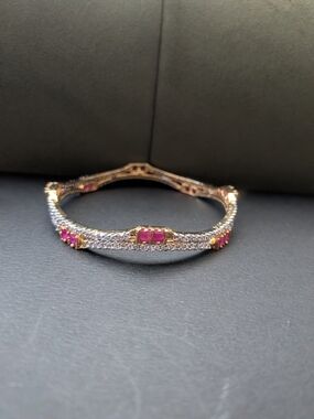 Exquisite CZ & Ruby Wavy Gold Kada Bangle – Size 2-4 (2.25")
